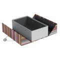 Rectangular double layer gift box with elastic & wooden button clasp - grey/stripes