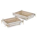 Light grey openwork wooden tray with beige fabric inside