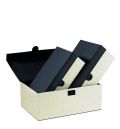 Cream/black rectangular faux leather giftbox with velcro fastening