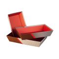 Rectangular brown gingham, leather effect cardboard tray with printed red ribbon 33x20x7 cm