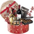 Round gift box / red and gold with red bow