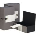 Rectangular gift box with hinge lid / grey and white pulp paper / elastic closing system