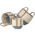 Round seagrass basket natural/blue colour with braided handles