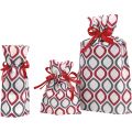 "Joyeuses Ftes" non woven polypropylene gift bag / red and white with green satin ribbons