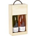 Caja de vino de madera de pino 2 botellas Burdeos tapa media corredera con asa Dim int. 