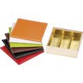 Rectangular 3 row chocolate wood box with orange faux leather lid