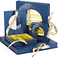 Box Cardboard  square chocolates 3 rows blue / gold / white window PET closure satin ribbon