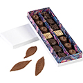 Caja cartn rectangular chocolates 2 lneas blanco/impresin UV/tropical