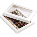 Caja cartn rectangular chocolates 5 lneas blanco/impresin UV/tropical ventana PVC