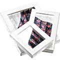 Caja cartn rectangular chocolates 3 lneas blanco/impresin UV/tropical ventana PVC