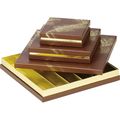 Caja cartn cuadrada chocolates 4 lneas POLVO DE ORO marrn estampacin en caliente dorado/cierre magntico