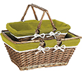 Basket wicker/wood rectangular brown green fabric/white edge foldable handles