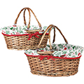 Basket wicker/wood oval brown white fabric/Christmas pattern foldable handles