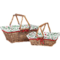 Basket wicker/wood rectangular brown white fabric/Christmas pattern foldable handles