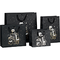 Bag paper CHRISTMAS PRESENTS black/gold hot foil stamping black cord handles eyelet