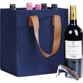 Bag felt rectangular 6 bottles INDIGO  blue 2 handles faux leather brown removable dividers