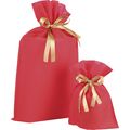 Bag non-woven polypropylene red satin ribbon gold/ tag