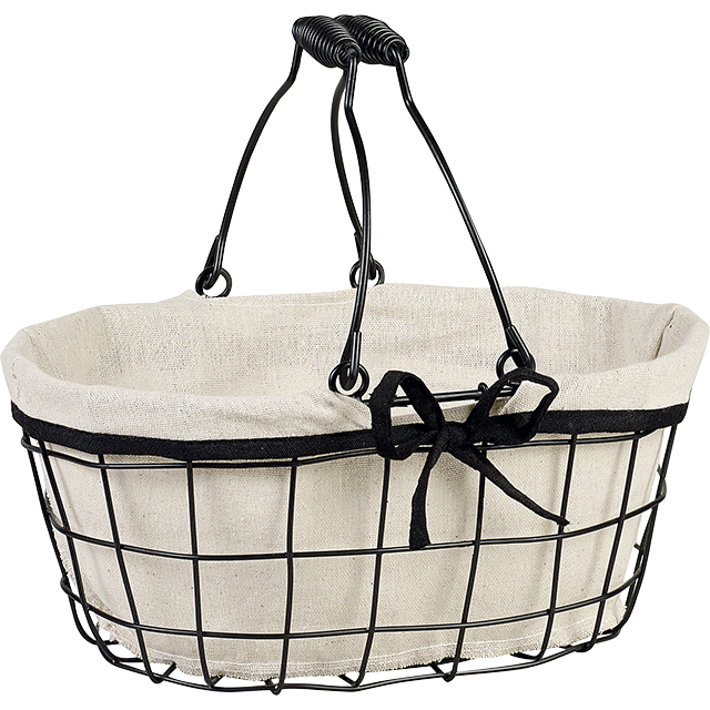 Basket oval metal black/lin fabric black edge foldable handles