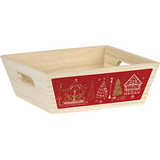 Tray wood square MERRY CHRISTMAS red chalets handles