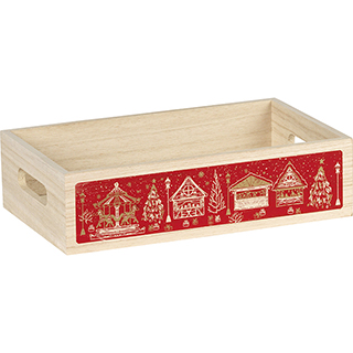 Tray wood rectangular MERRY CHRISTMAS red chalets handles