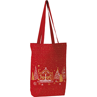 Tote bag cotton MERRY CHRISTMAS red chalets 2 handles
